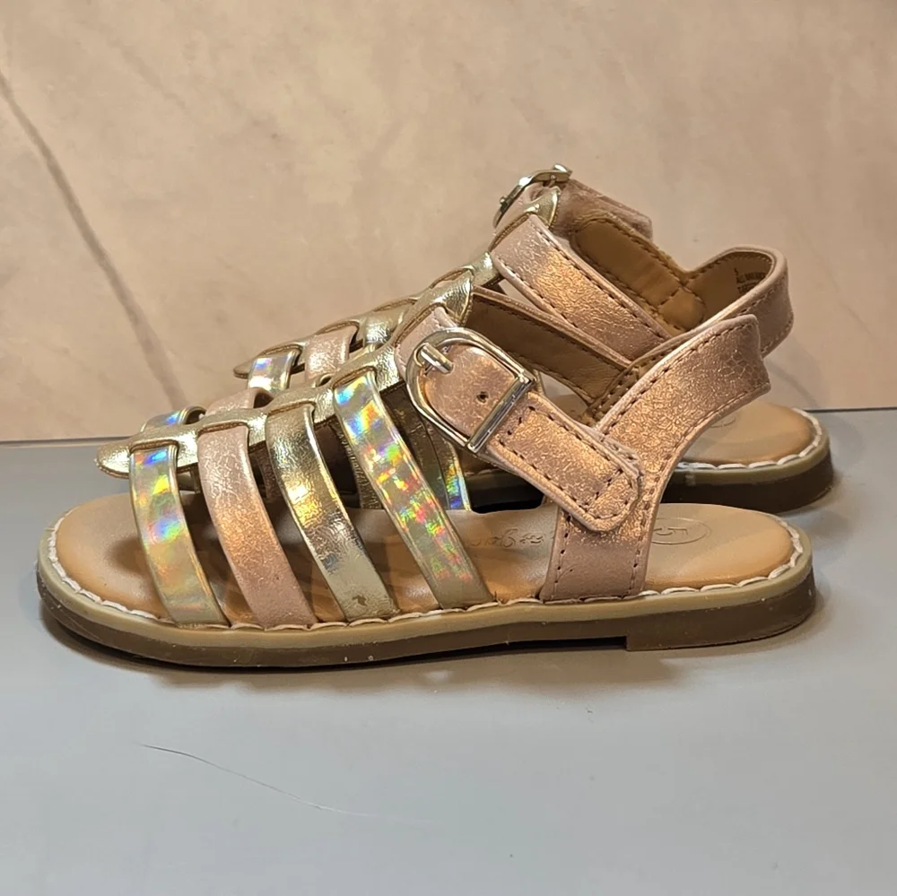 Cat & Jack Toddler Girls Metallic Holographic Gladiator Sandals Gold Rose Size 5
